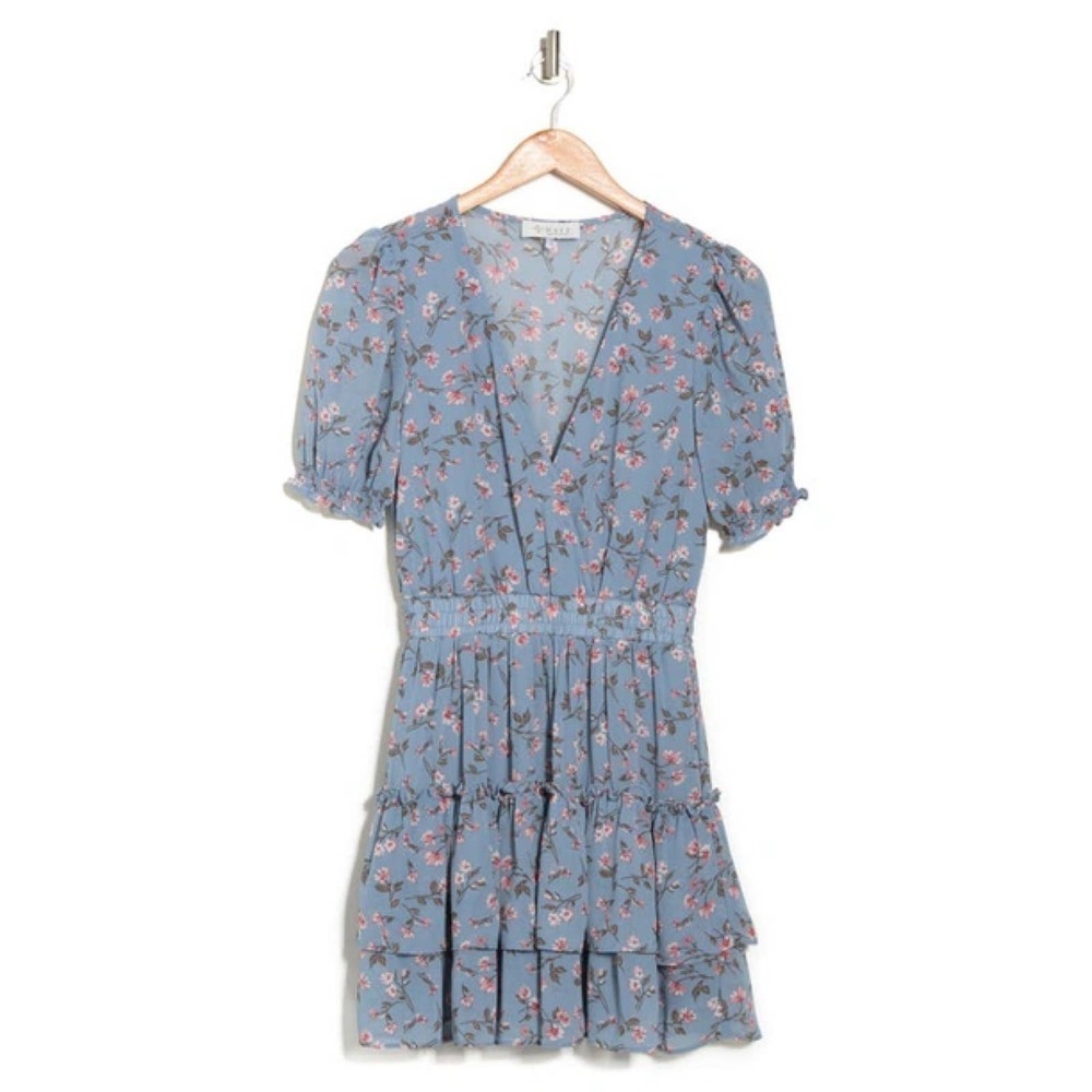 Wayf Smocked Waist Tiered Mini Dress In Dusty Blue Allover Size XL